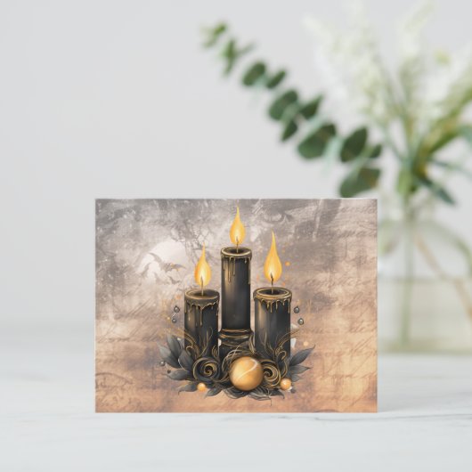 Drie zwarte kaars gouden Ornamenten vleermuizen Ha Feestdagenkaart (Staand voorkant)