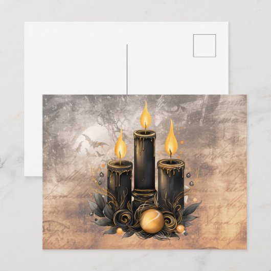 Drie zwarte kaars gouden Ornamenten vleermuizen Ha Feestdagenkaart