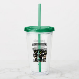 Drie zwarte kat Musicians Green Eyes Muzieknoten Acryl Drinkbeker