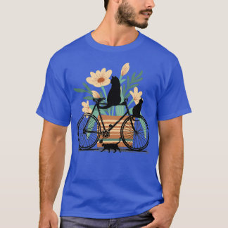 Drie zwarte katten, een fiets en een pot met bloem t-shirt