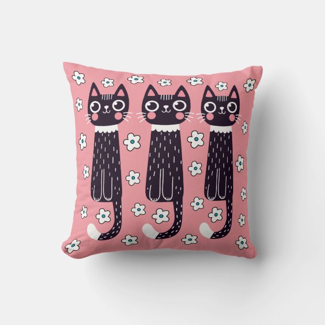 Drie zwarte katten, madeliefjes op roze kussen (Voorkant)