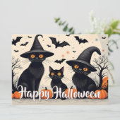 Drie zwarte katten met hoeden op Halloween (Staand voorkant)