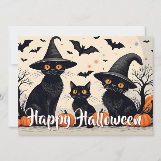 Drie zwarte katten met hoeden op Halloween (Voorkant)