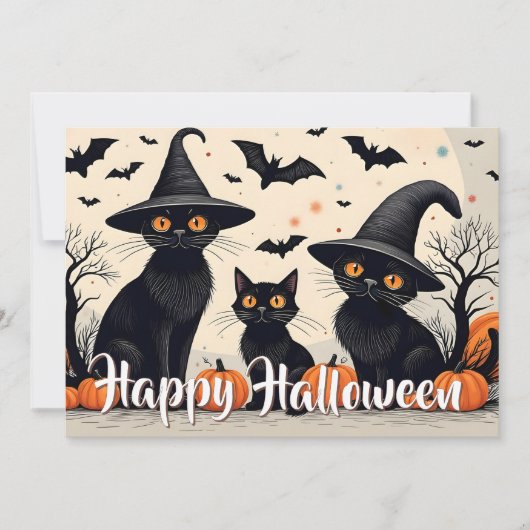 Drie zwarte katten met hoeden op Halloween (Voorkant)