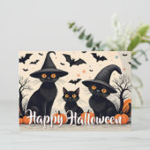 Drie zwarte katten met hoeden op Halloween (Staand voorkant)