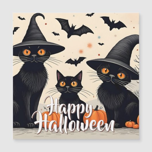 Drie zwarte katten met hoeden op Halloween (Voorkant)