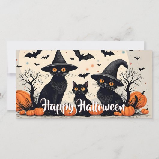 Drie zwarte katten met hoeden op Halloween (Voorkant)