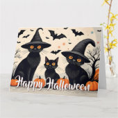 Drie zwarte katten met hoeden op Halloween Kaart (Gele Bloem)