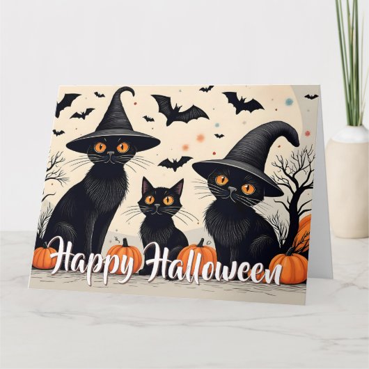 Drie zwarte katten met hoeden op Halloween Kaart (Voorkant)