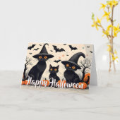 Drie zwarte katten met hoeden op Halloween Kaart (Gele Bloem)