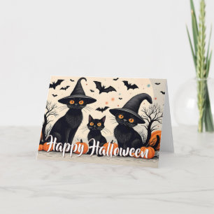 Drie zwarte katten met hoeden op Halloween Kaart