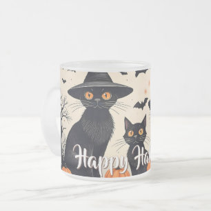 Drie zwarte katten met hoeden op Halloween Matglas Koffiemok