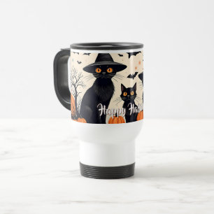 Drie zwarte katten met hoeden op Halloween Reisbeker