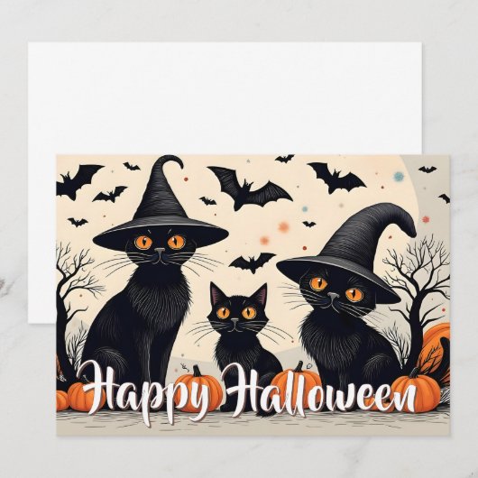 Drie zwarte katten met Petten op Halloween (Voorkant / Achterkant)