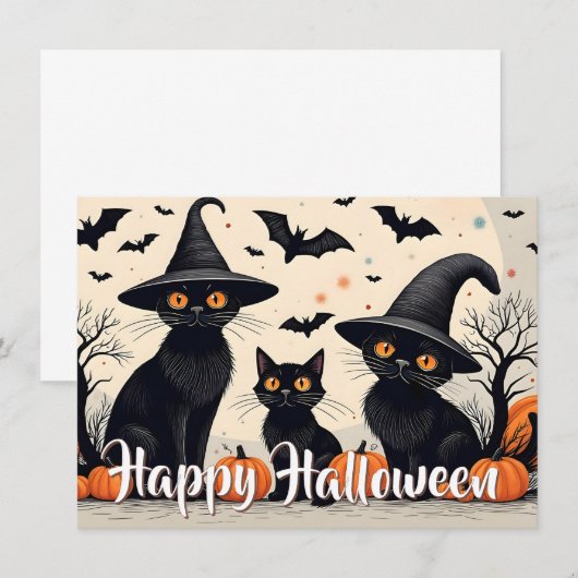 Drie zwarte katten met Petten op Halloween (Voorkant / Achterkant)