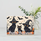 Drie zwarte katten met Petten op Halloween (Staand voorkant)