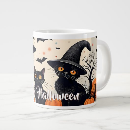 Drie zwarte katten met Petten op Halloween Grote Koffiekop (Voorkant rechts)