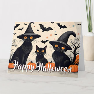 Drie zwarte katten met Petten op Halloween Kaart