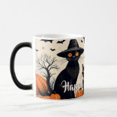 Drie zwarte katten met Petten op Halloween Magische Mok (Links)
