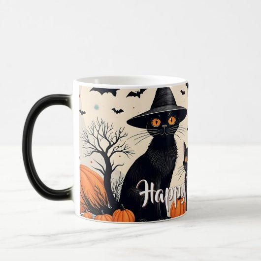 Drie zwarte katten met Petten op Halloween Magische Mok (Links)