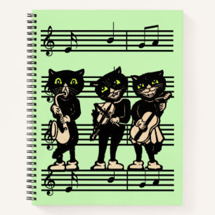 Drie zwarte kattenmusici op blad Music Green Notitieboek