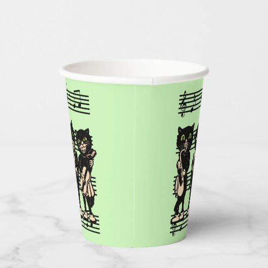 Drie zwarte kattenmusici op blad Music Green Papieren Bekers (Rechts)