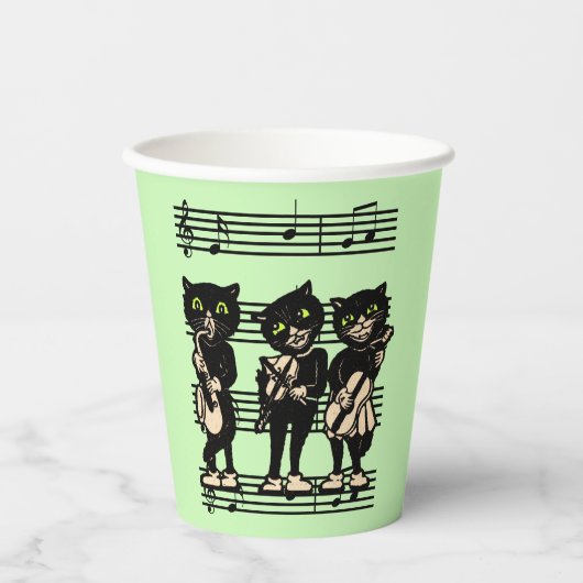 Drie zwarte kattenmusici op blad Music Green Papieren Bekers (Voorkant)