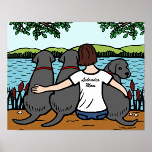 Drie zwarte labradors en mam poster