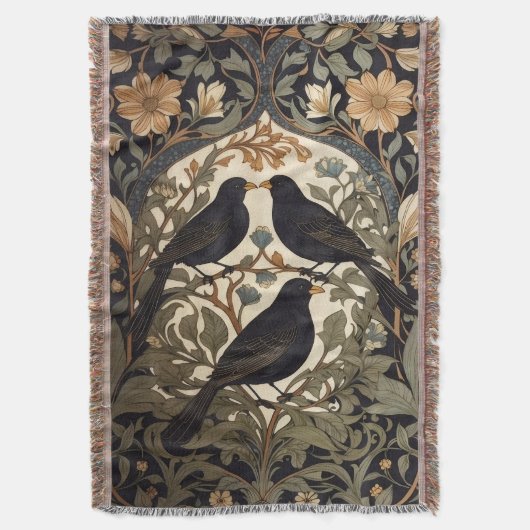 Drie zwarte vogels William Morris geïnspireerd Deken (Voorkant Verticaal)