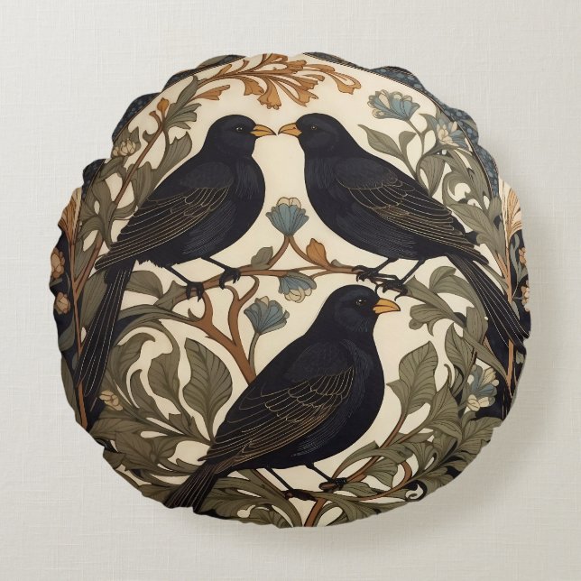 Drie zwarte vogels William Morris geïnspireerd Rond Kussen (Voorkant)
