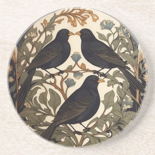 Drie zwarte vogels William Morris geïnspireerd Zandsteen Onderzetter (Voorkant)