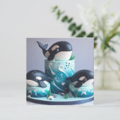 DRIE ZWARTE & WITTE ORKA WALVIS VERJAARDAGSTAART KAART (Staand voorkant)