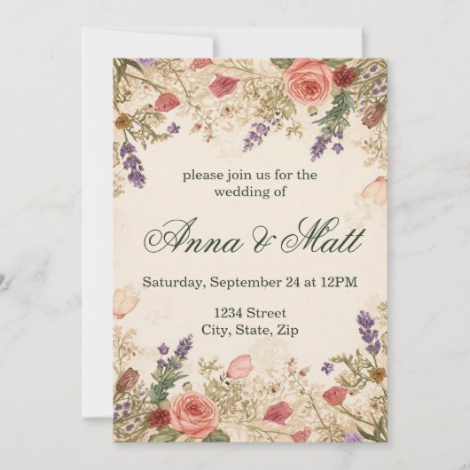 Dried Flowers  Lace Wedding Invitation Kaart (Voorkant)