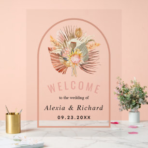 Dried palms, pampas grass terracotta pink wedding acryl bord
