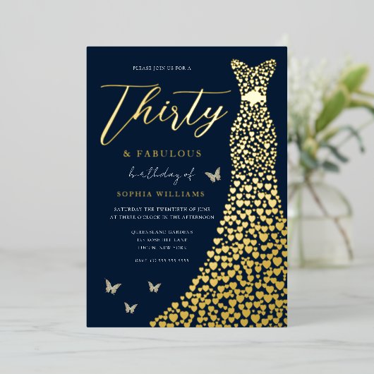 Drieëndertig jaar goudddddress en 30e verjaardag v folie uitnodiging (Staand Voorkant)