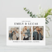 Driefotocollage voor zwart-wittypografie save the date (Staand voorkant)