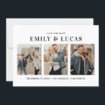 Driefotocollage voor zwart-wittypografie save the date<br><div class="desc">Black & White Typografie Drie Foto Collage bewaart de Date Kaart. Je trouwdatum bekendmaken met deze moderne versie van de datumkaart. Het kenmerkt eenvoudige typografie met zwart-wit stripespatroon. Deze foto bewaart de datum is een perfecte manier om uw veelvoudige favoriete foto's van het verloving te tonen. Ideaal voor elk trouwthema....</div>