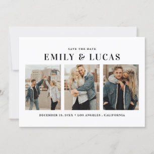 Driefotocollage voor zwart-wittypografie save the date