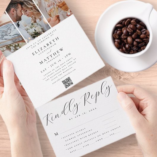 Driefoto's van de moderne Chic QR-code voor bruilo All In One Uitnodiging