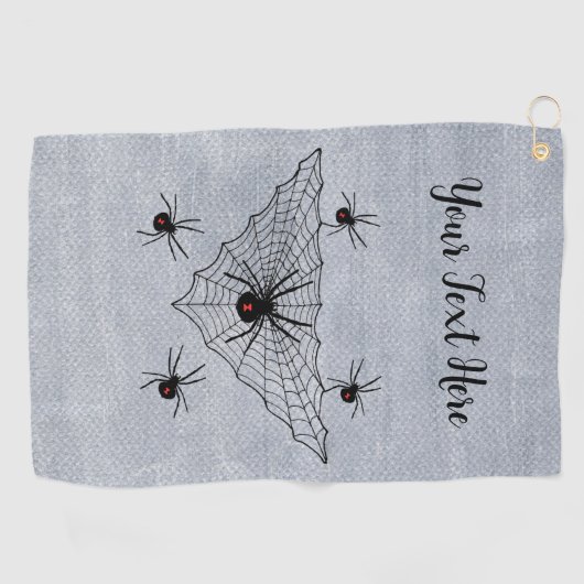 Driehoekig web met zwarte weduwe spinnen op wit golfhanddoek (Horizontaal)