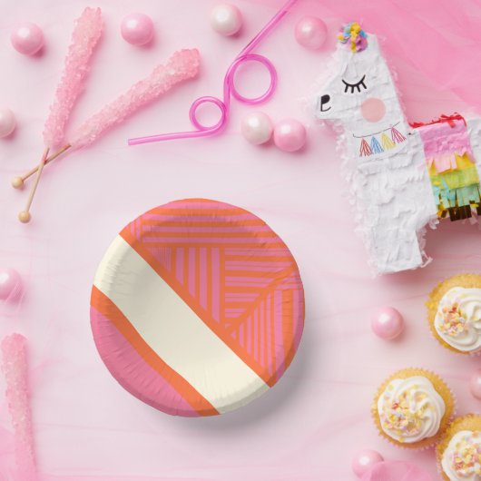 Driehoekige strepen in roze, Sinaasappel en crème Papieren Kommen (Feest)