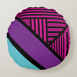 Driehoekige strepen - roze, Paarse, blauw en zwart Rond Kussen