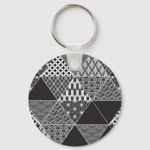 Driehoekspatroon Japanse zwarte en witte collage Sleutelhanger