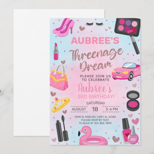 Driejarige Droommeisje 3e derde verjaardag uitnodi Kaart (Voorkant / Achterkant)