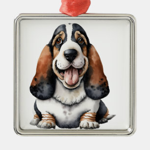 DRIEKLEUREN WATERVERF BASSET HOUND HOND METALEN ORNAMENT