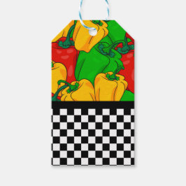 Driekleurenpepers en dambordpatroon cadeaulabel