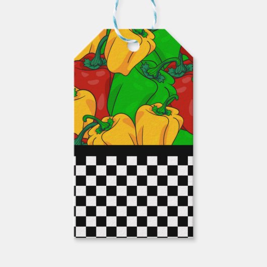 Driekleurenpepers en dambordpatroon cadeaulabel (Voorkant)