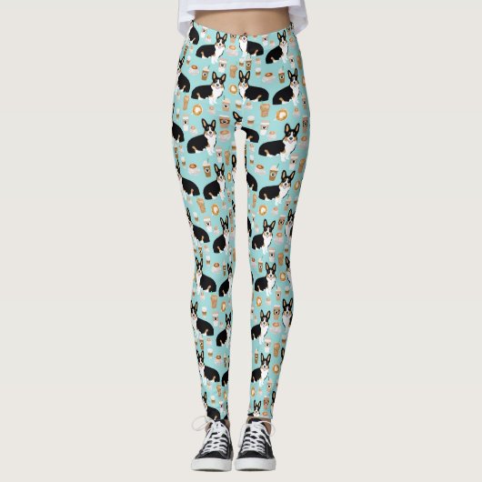 Driekleurig Corgi Coffee-patroon - blauw Leggings (Voorkant)