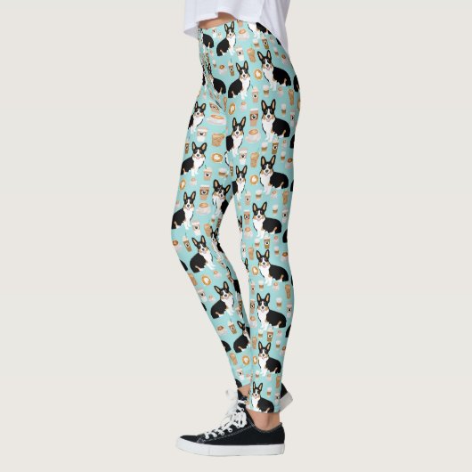 Driekleurig Corgi Coffee-patroon - blauw Leggings (Links)