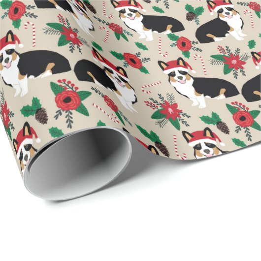 driekleurig corgi poinsettia gift cadeaupapier (Rol Hoek)
